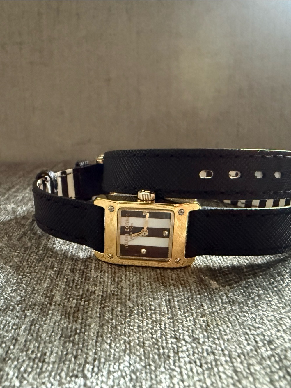 henri bendel Gold Case Wrap Watch with Black and White Striped Strap